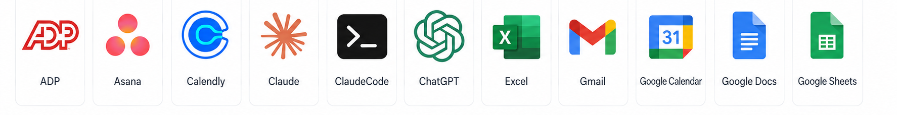 Integrations including ADP, Gmail, Excel, Google Workspace, ChatGPT, and Claude