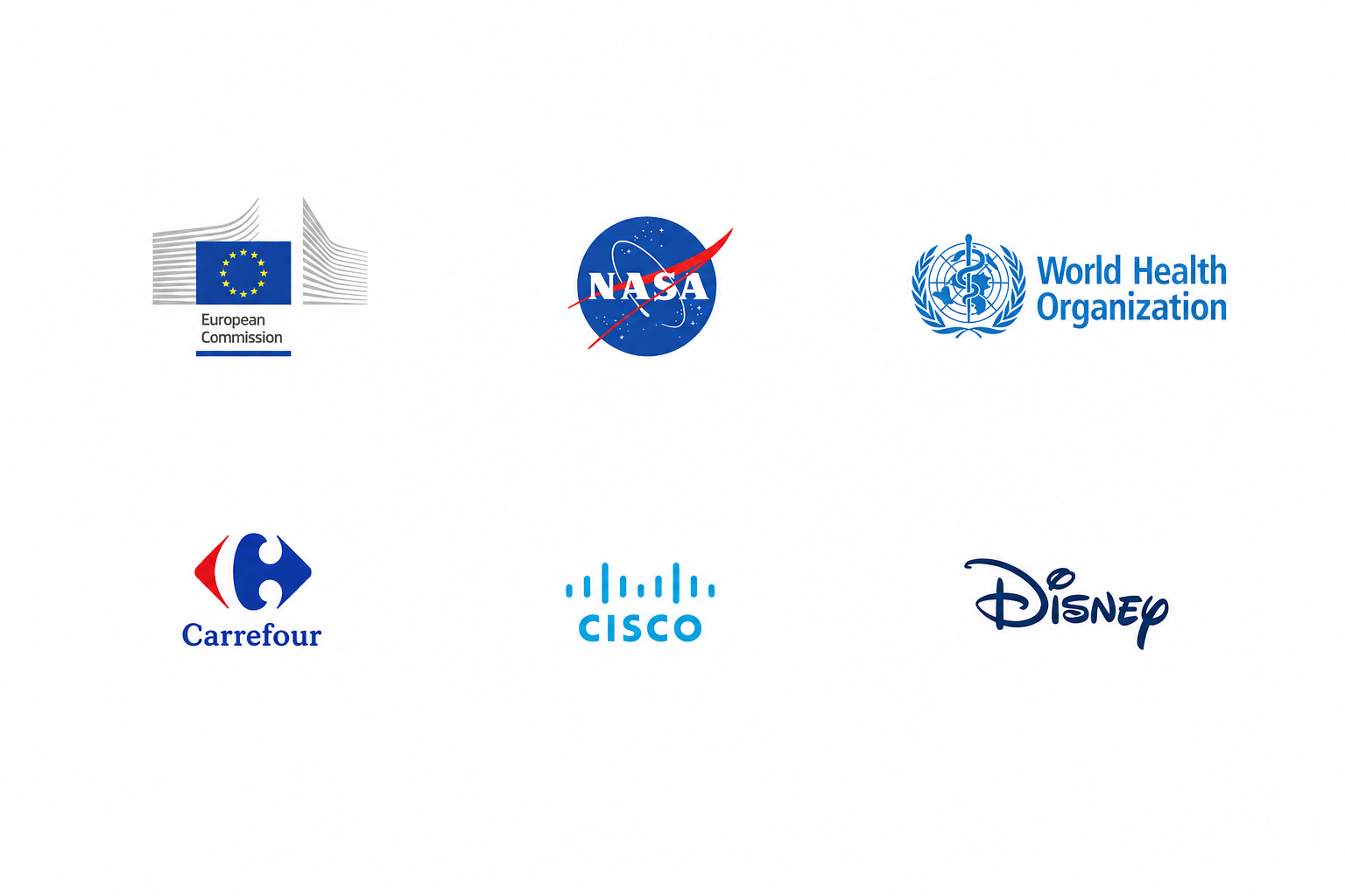 Client logos including European Union, WHO, Cisco, Disneyland Paris, and more